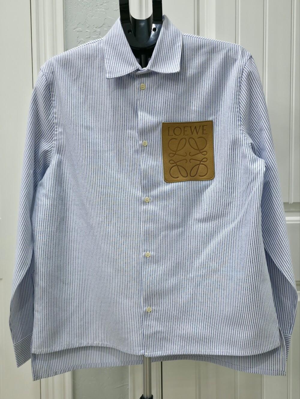 Loewe Blue and White Pinstripe Shirt with Tan Logo Patch